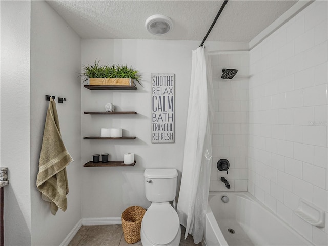 bathroom with tile patterned flooring, shower / bath combination with curtain, toilet, and a textured ceiling