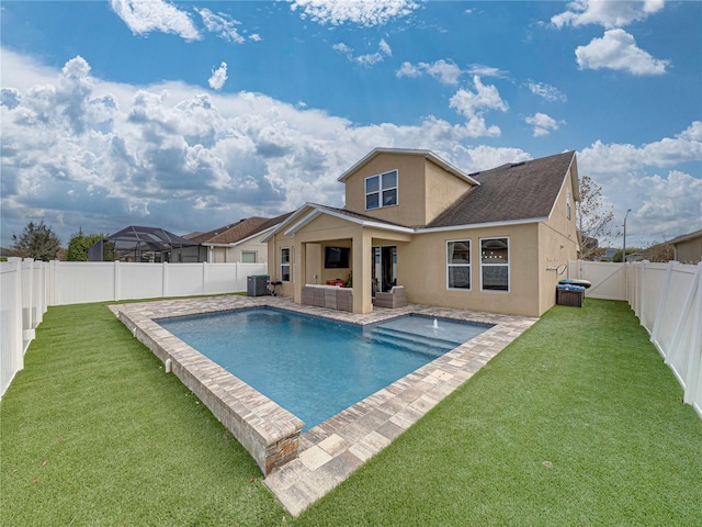 view of swimming pool with an outdoor living space, a yard, and central air condition unit