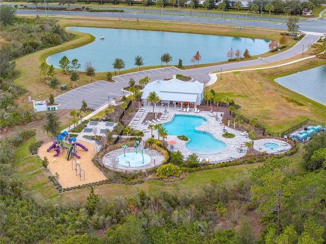 bird's eye view with a water view