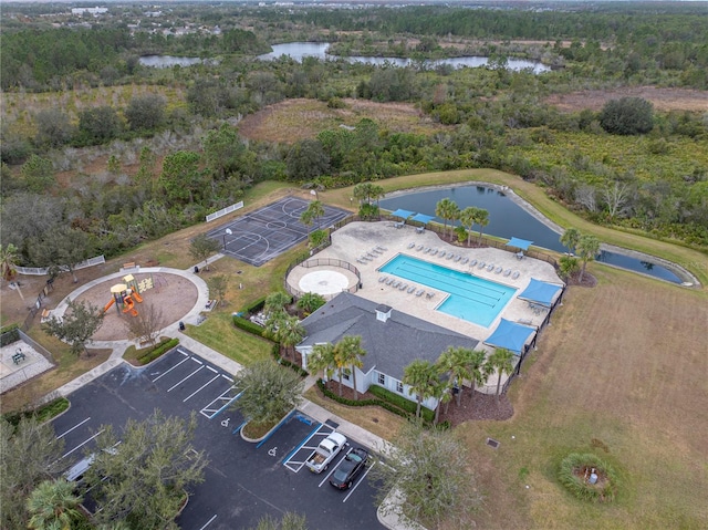 drone / aerial view with a water view