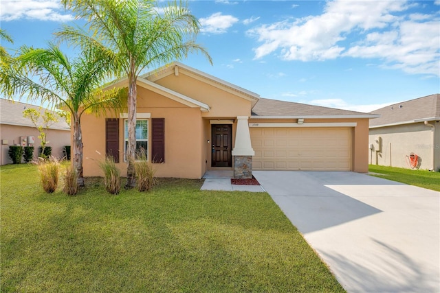 ranch-style home with a garage and a front lawn