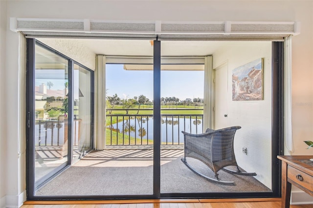 entryway with wood-type flooring and a water view