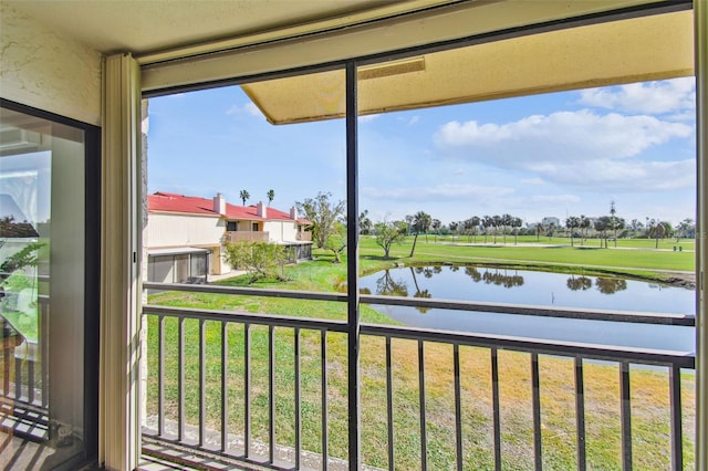 interior space featuring a water view