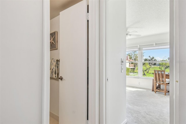 hallway with light carpet and a textured ceiling