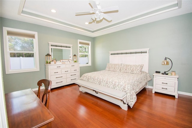 bedroom with a tray ceiling, multiple windows, dark wood-type flooring, and ceiling fan