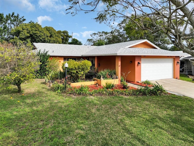 single story home featuring a garage and a front lawn