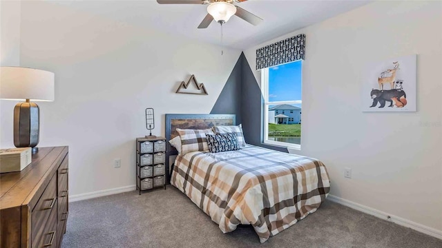 bedroom featuring light carpet and ceiling fan