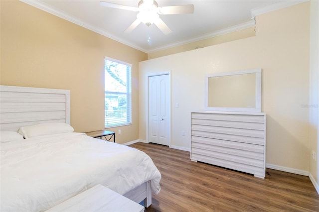 bedroom featuring dark hardwood / wood-style flooring, a closet, ceiling fan, and ornamental molding