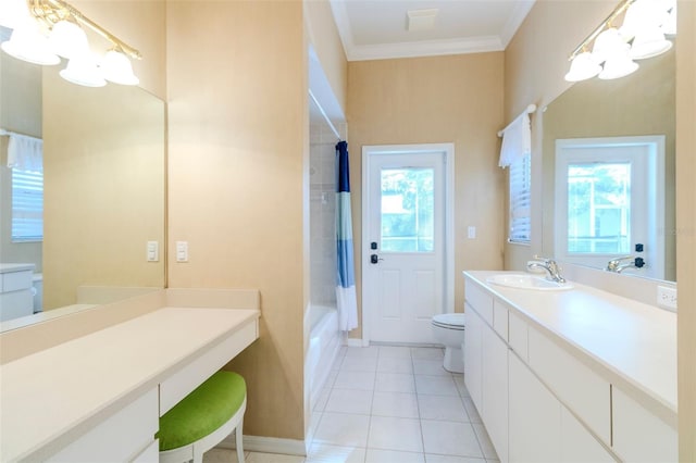 full bathroom with tile patterned floors, shower / tub combo with curtain, a healthy amount of sunlight, and toilet