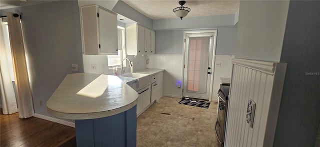 kitchen featuring stove, light hardwood / wood-style flooring, white cabinetry, and sink