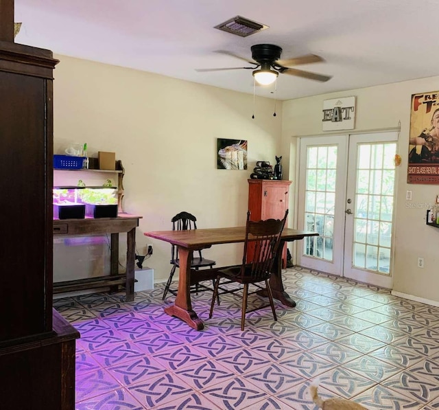 home office featuring ceiling fan and french doors