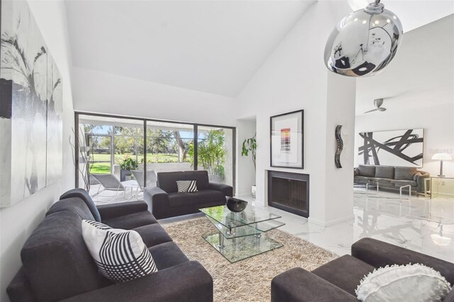 living room featuring high vaulted ceiling