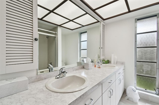 bathroom with vanity, toilet, and a shower with shower door