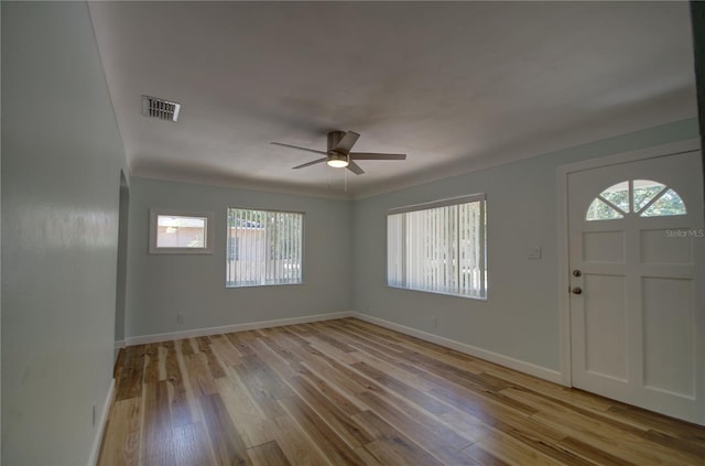 entrance foyer with light hardwood / wood-style flooring, plenty of natural light, and ceiling fan