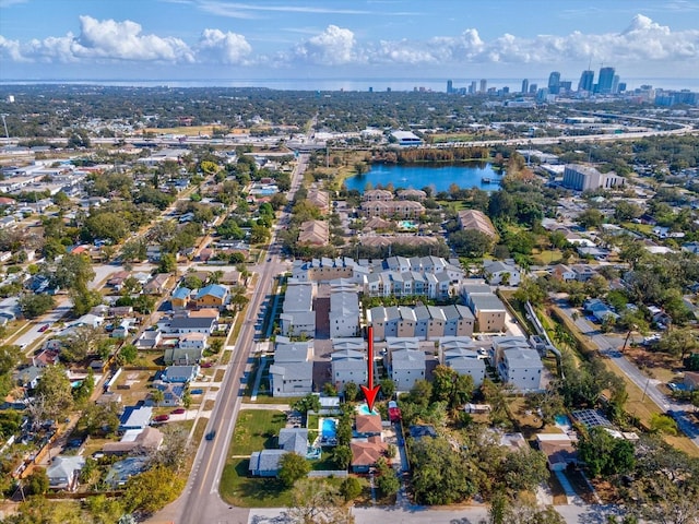 bird's eye view with a water view