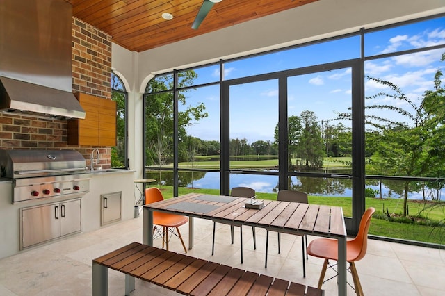 sunroom featuring sink, wooden ceiling, ceiling fan, and a water view