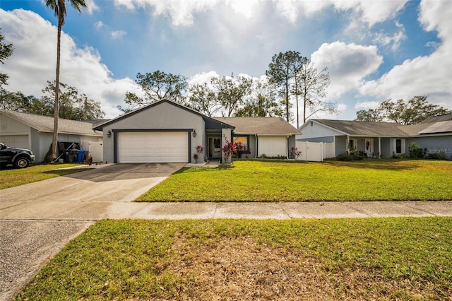 ranch-style house with a front yard and a garage