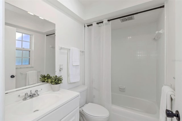 full bathroom with shower / bath combo, toilet, radiator, and vanity