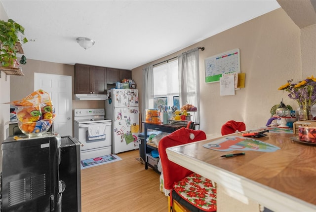 kitchen with dark brown cabinets, light hardwood / wood-style floors, and white appliances