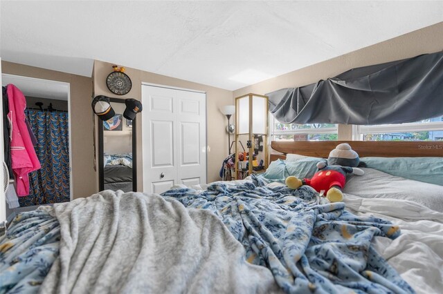 bedroom with lofted ceiling and a closet