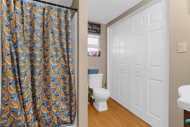 bathroom with hardwood / wood-style flooring, toilet, and a shower with shower curtain