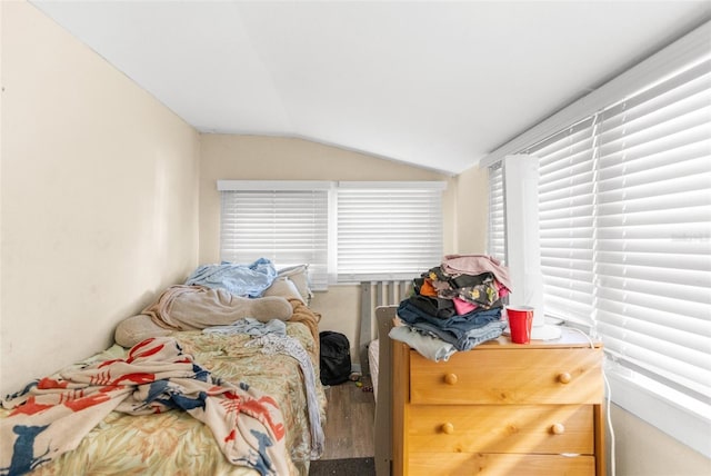 bedroom featuring hardwood / wood-style floors and vaulted ceiling