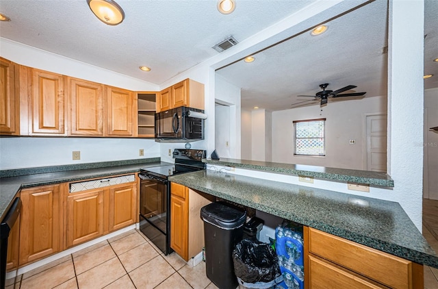 kitchen featuring kitchen peninsula, a textured ceiling, ceiling fan, black appliances, and light tile patterned floors