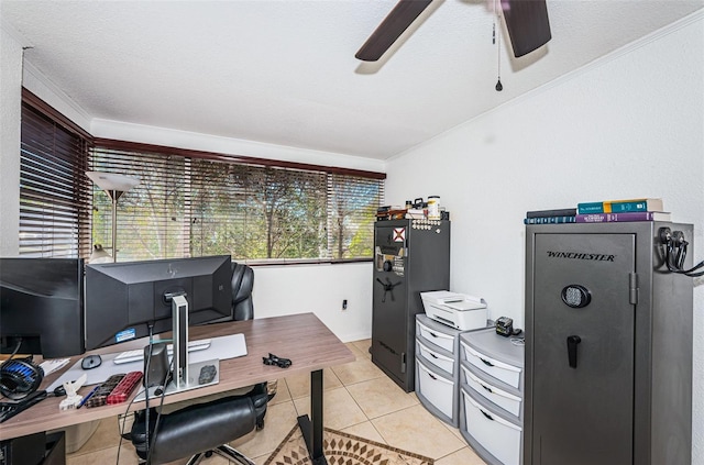 office area with crown molding, light tile patterned floors, a textured ceiling, and ceiling fan