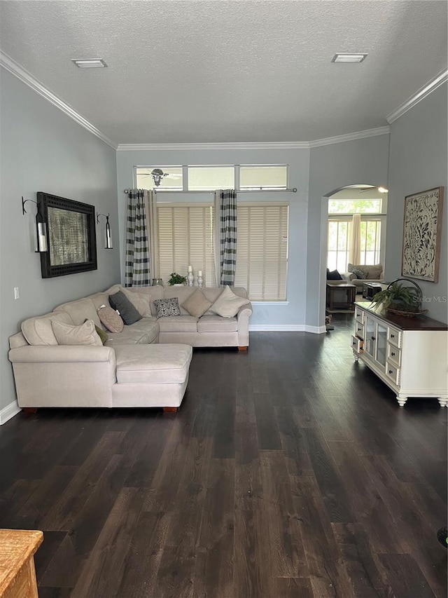 living room featuring a textured ceiling, dark hardwood / wood-style floors, and crown molding