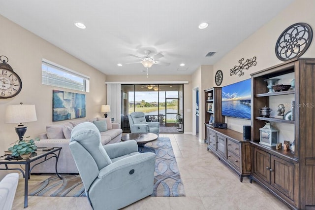 living room featuring ceiling fan