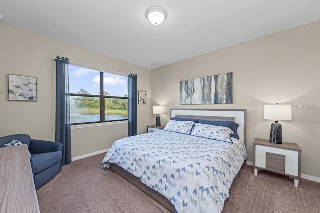 bedroom with a water view and carpet