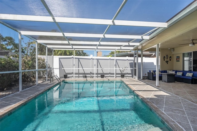 view of pool featuring an outdoor hangout area, a fenced backyard, a patio, a lanai, and a fenced in pool