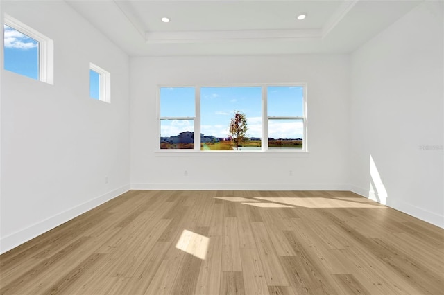 spare room featuring light hardwood / wood-style floors and a raised ceiling