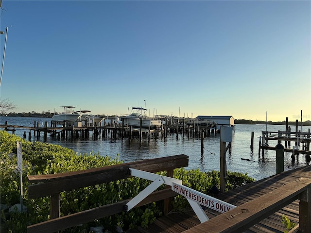 dock area featuring a water view