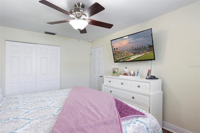 bedroom with ceiling fan and a closet