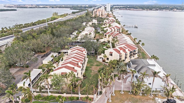 drone / aerial view with a water view