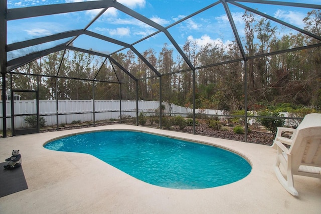 view of swimming pool with a lanai and a patio area