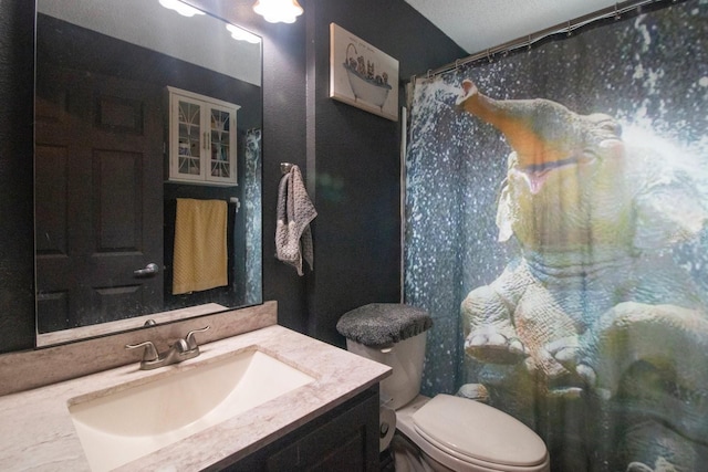 bathroom featuring vanity, toilet, and a textured ceiling