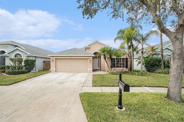 ranch-style home with a front yard and a garage