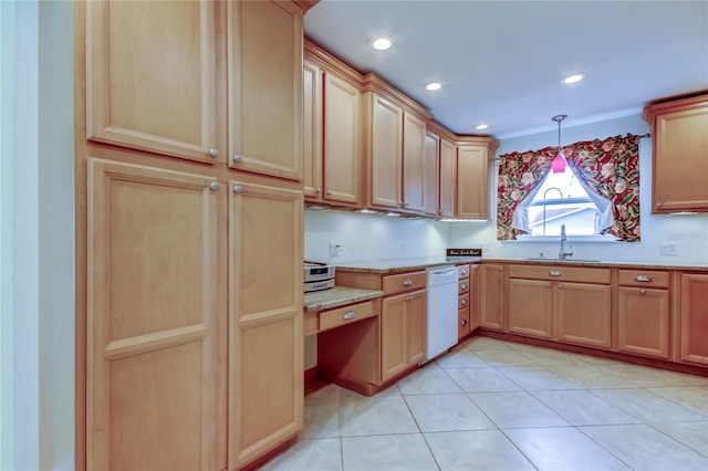 kitchen with a sink, decorative light fixtures, recessed lighting, light tile patterned floors, and dishwasher