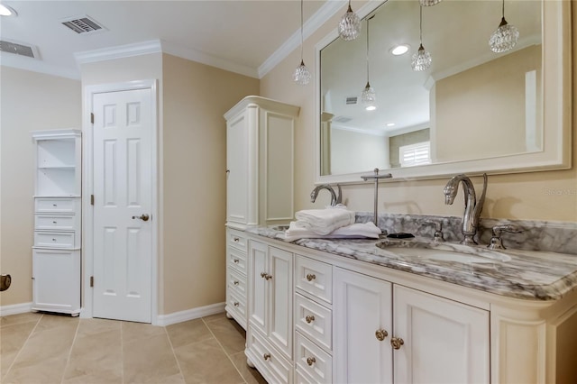 full bath with tile patterned floors, visible vents, vanity, and ornamental molding