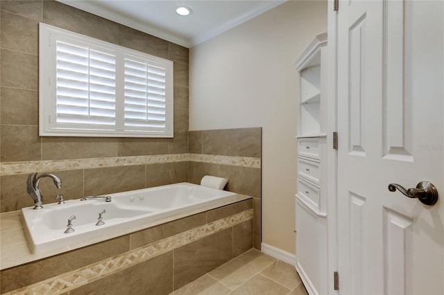 full bathroom with a bath, tile patterned floors, and crown molding