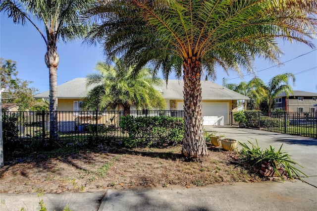 view of front of property with an attached garage, fence, driveway, and stucco siding