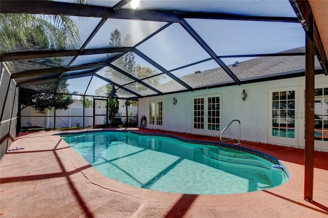 view of pool featuring a fenced in pool, french doors, a patio, and fence