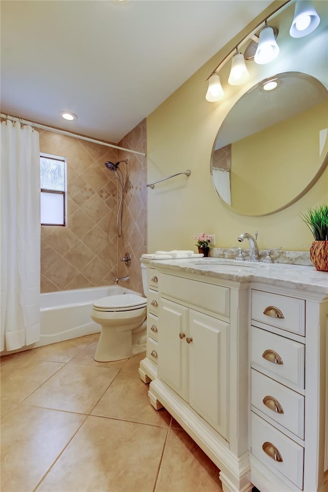 bathroom with vanity, tile patterned floors, toilet, and shower / bathtub combination with curtain