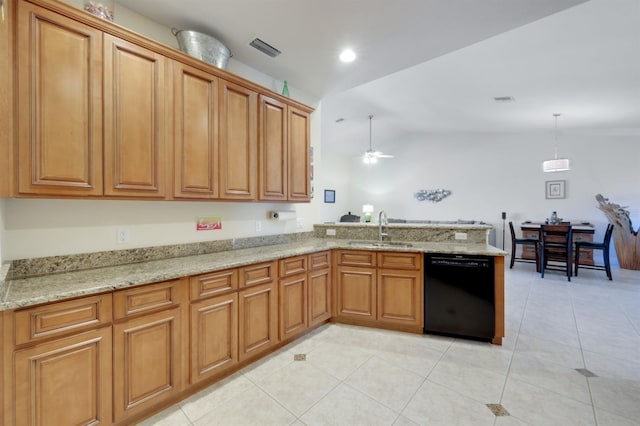 kitchen featuring ceiling fan, sink, black dishwasher, decorative light fixtures, and lofted ceiling