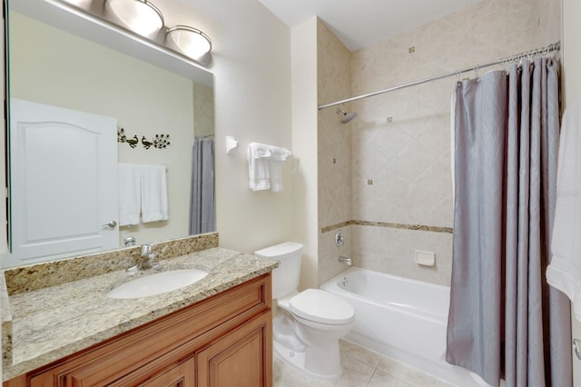 full bathroom featuring toilet, shower / tub combo, vanity, and tile patterned floors