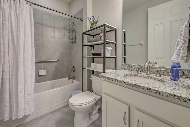 full bathroom featuring vanity, tile patterned flooring, shower / bathtub combination with curtain, and toilet