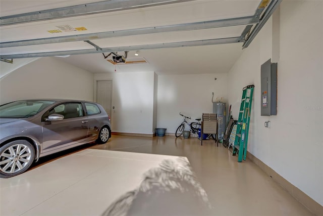 garage with a garage door opener, electric water heater, and electric panel