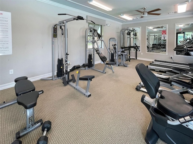 gym with ceiling fan and ornamental molding